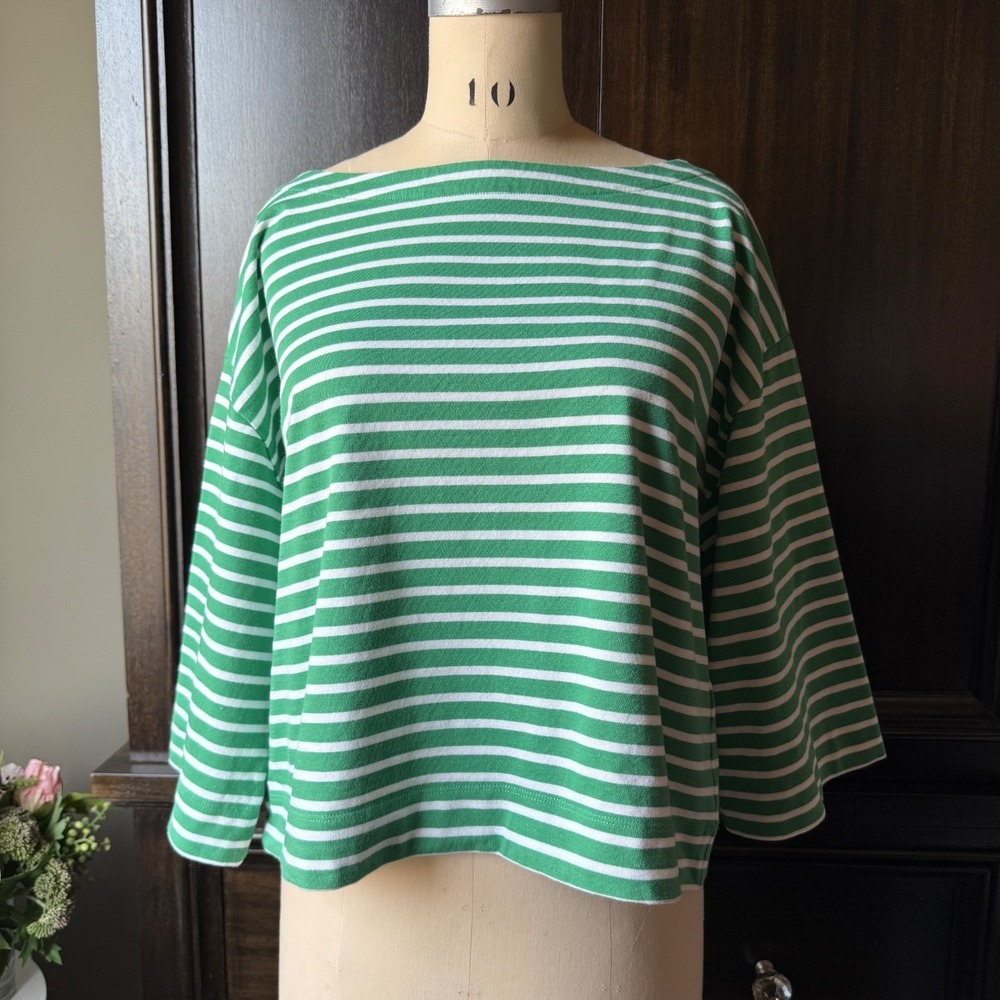 Boatneck Top Green White Striped Cotton Boxy 3/4 Sleeve Relaxed M Preppy